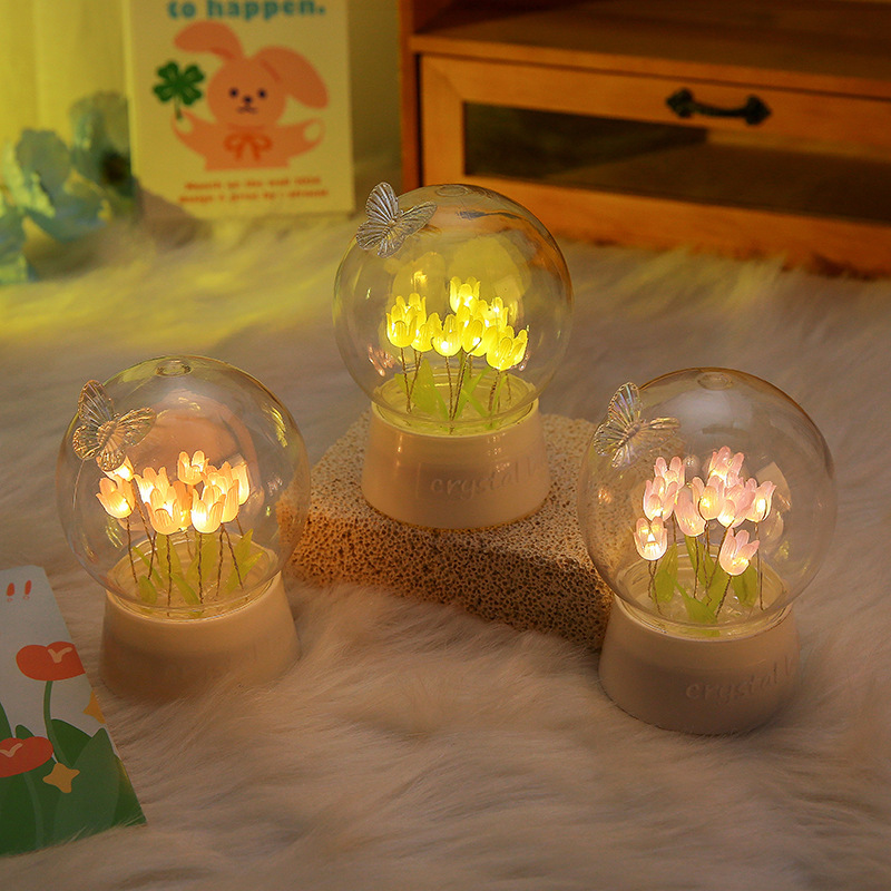 Bola de cristal, flor de rosa, tulipán, luz nocturna, red roja, luz de ambiente de bricolaje, regalo de cumpleaños para novios, día de San Valentín