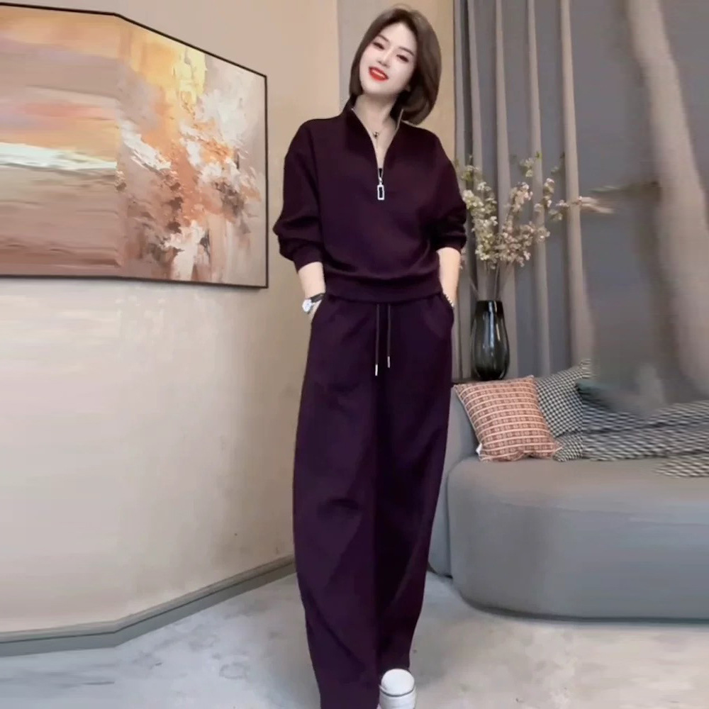 여성을위한 하이 엔드 유럽 캐주얼 스포츠 정장 2025 가을 패션 연령 감소 긴팔 탑과 와이드 레그 팬츠 투피스 세트