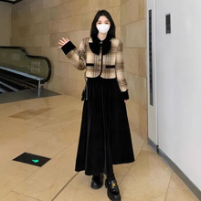 胖妹妹显瘦套装女早春撞色蝴蝶结毛呢夹棉格子外套半身裙子两件套