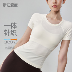 新しいシームレスヨガトップ Tシャツランニング薄型ヨガウェアスポーツフィットネス半袖ブラウス女性ピラティス夏