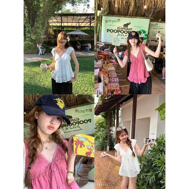 French-Style Sweet Sauce V-Neck Lace Patchwork Ruffle Top for Women with Jacquard and Smocked Small Flutter Sleeves Babydoll Blouse French-Style Sweet Sauce V-Neck Lace Patchwork Ruffle Top for Women with Jacquard and Smocked Small Flutter Sleeves Babydoll Blouse