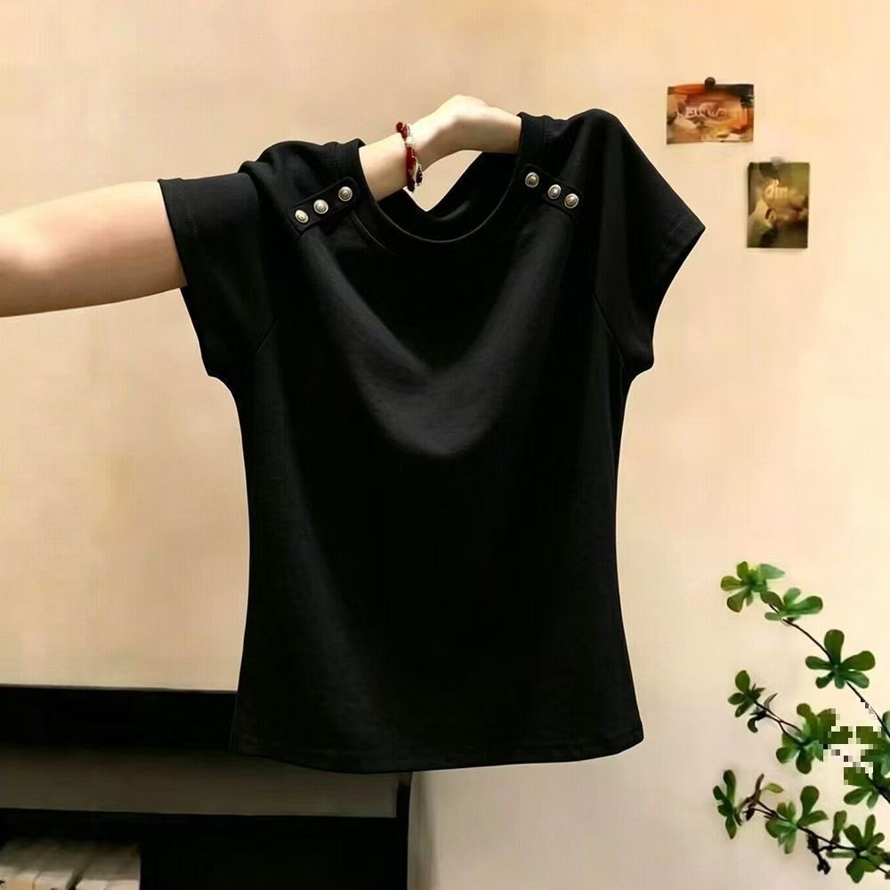 Áo thun nữ cổ tròn tay ngắn phối màu chất liệu cotton 92% form rộng che khuyết điểm — Thiết kế trang trí nút áo màu đen (92% cotton không đóng bóng), Thiết kế trang trí nút áo trắng (92% cotton không đóng bóng) chi tiết 1