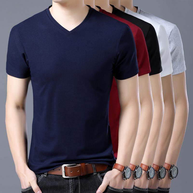 Short-sleeved T-shirt Men's V-neck Bottoming Slim-fit Solid Color Tight Bottoming Shirt Trendy Inner Tight White Half-sleeve Men