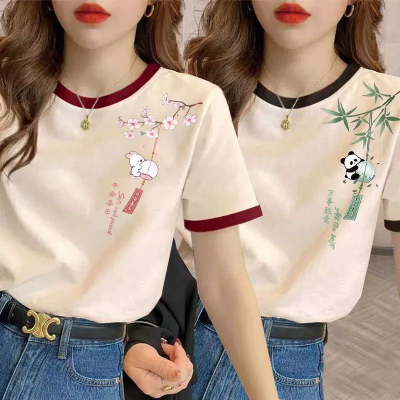 Новая летняя свободная футболка в китайском стиле с короткими рукавами и цветными блоками в национальном стиле, универсальная свободная футболка для похудения, топ из одного или двух предметов