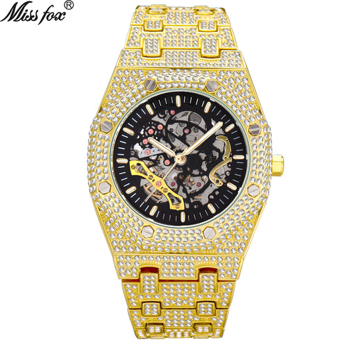 MISSFOX watch European and American full diamond hollow mechanical watch waterproof luminous stainless steel men's watch