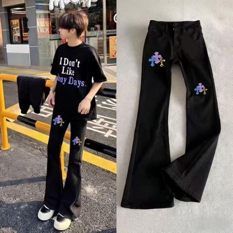 Trendy Light Luxury Washed Black Cross Print Flared Jeans, Fashionable High-End Slim-Fit Long Pants for Men and Women
