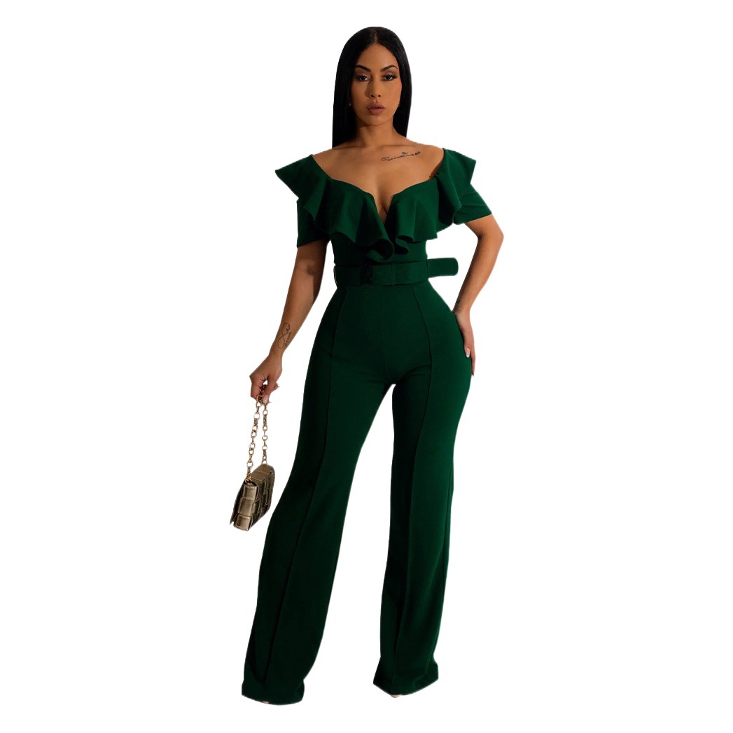 K10390 entrega de una sola pieza Amazon europeo y americano transfronterizo de las mujeres con cuello en V con volantes sexy cintura apretada mono de las mujeres nuevo