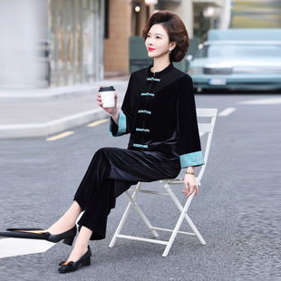 New Chinese Style Spring and Autumn Slimming New Velvet suit Middle-aged and Elderly Mother Western Style Retro Tang Style Elegant Two-piece Set