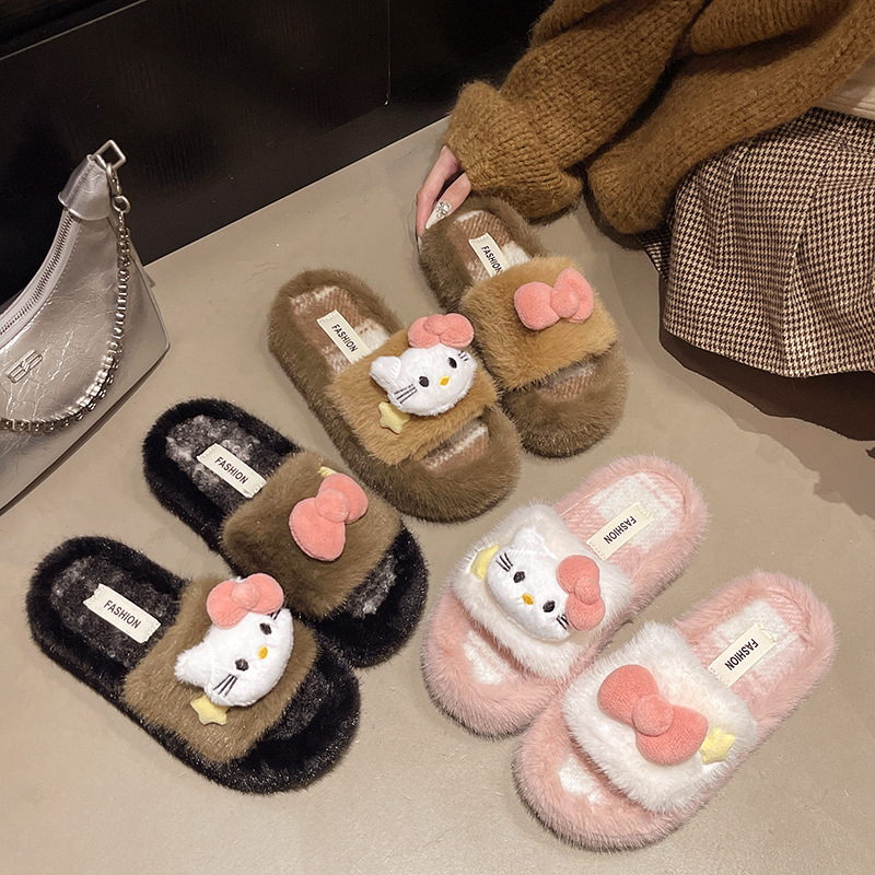 Coreana encantadora zapatillas de peluche de dibujos animados mujeres invierno / otoño gatos arco zapatillas caseras zapatillas de peluche caliente antideslizante