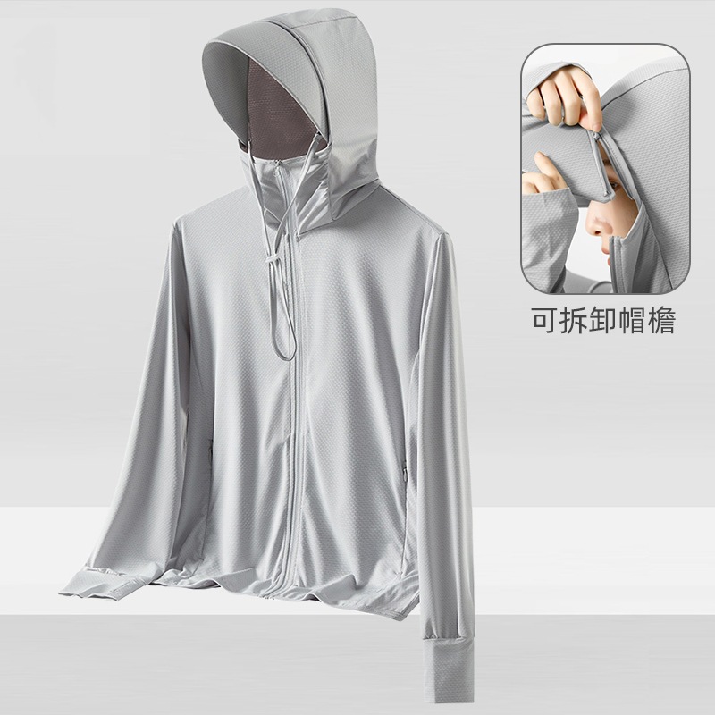 Ropa de protección solar de seda de hielo para hombres, estilo fino de verano, protección solar de seda de hielo resistente a los rayos UV, amantes transpirables, ropa de piel con capucha ligera para mujeres