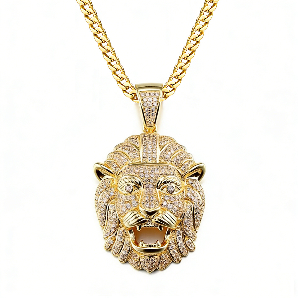 Gioielli talismano di protezione, ciondolo a testa di leone transfrontaliero europeo-americano per uomo, placcato oro dominante, completamente impreziosito da diamanti, stile hip-hop_voghion.com