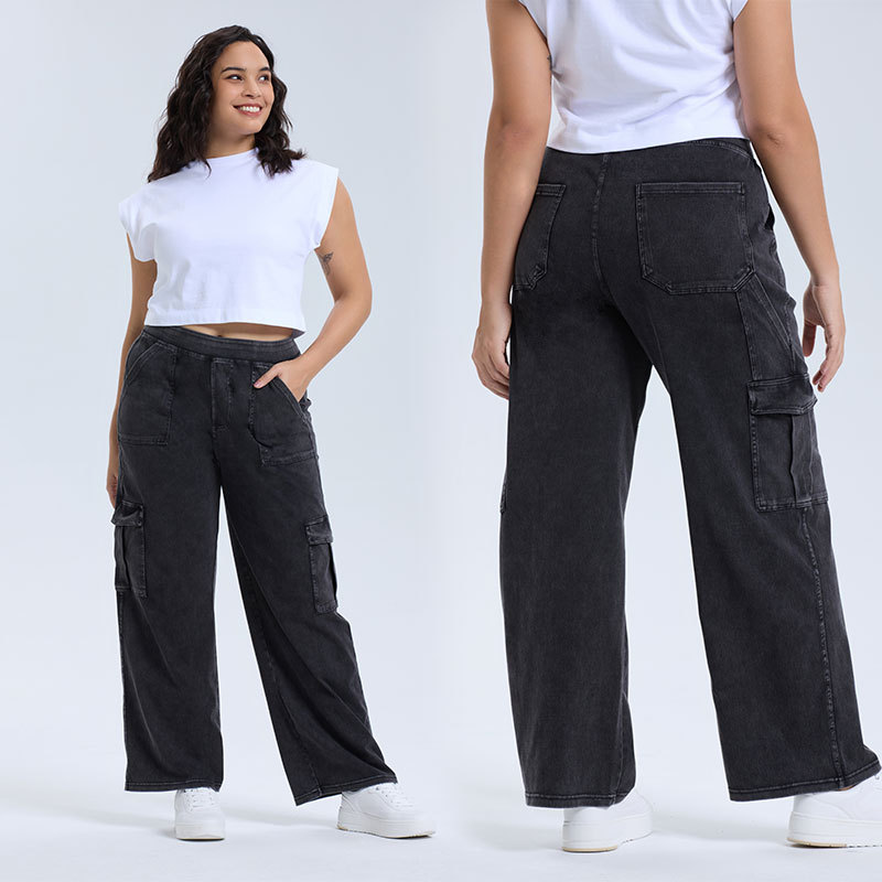 Venta caliente transfronteriza más tamaño pierna ancha bolsillo yoga jeans cintura alta de las mujeres Levantamiento de cadera adelgazamiento largo desgaste exterior pantalones Casuales