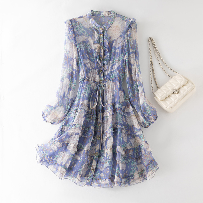 Silk Dress for Women 2026 Spring and Summer New Style Long-Sleeved Printed Slightly See-Through French Ribbon Mulberry Silk Dress 26004