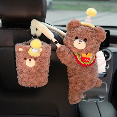 cute plush hanging tissue box for: Car tissue box/set - hat-wearing-bear-french-fries-bib-tissue-box-trash-can