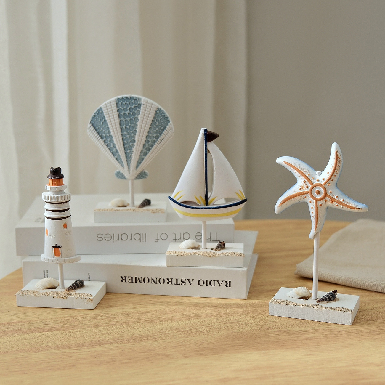 Cross-Border Mediterranean Home Decoration Blue and White Wooden Seahorse, Fish, Starfish, Lighthouse, Various Patterns, Small Ornaments for Decoration