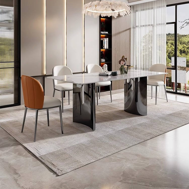 Italian Minimalist Stone Countertop Dining Table for Small Apartments, Luxury Modern Simple High-End Rectangular Stainless Steel Trendy Eating Table