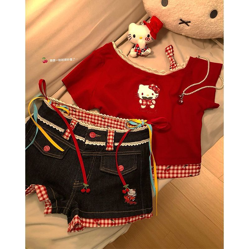 学风甜辣妹两件套女甜美减龄红色斜肩吊带上衣拼接撞色牛仔短裤|undefined