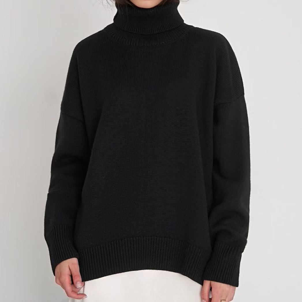 Oversize-Pullover mit hohem Kragen – Minimalistischer Strickpullover (Schwarz/Beige/Blau/Grün/Orange/Khaki, Einheitsgröße)_voghion.com
