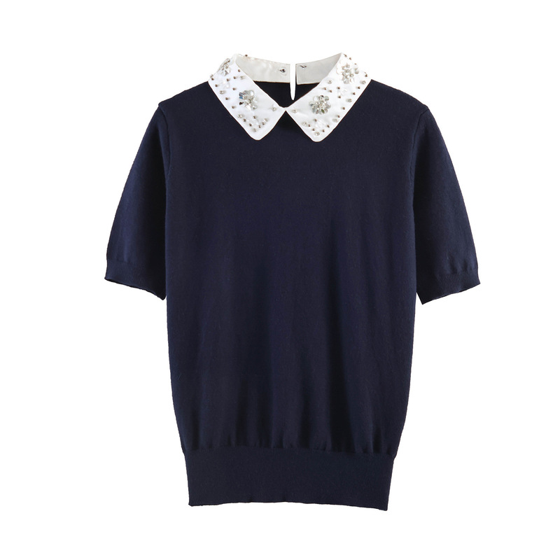 American Retro Style Fake Two-Piece Embroidered Knit Sweater Short-Sleeve T-Shirt for Women, New Slim-Fit Cardigan Top