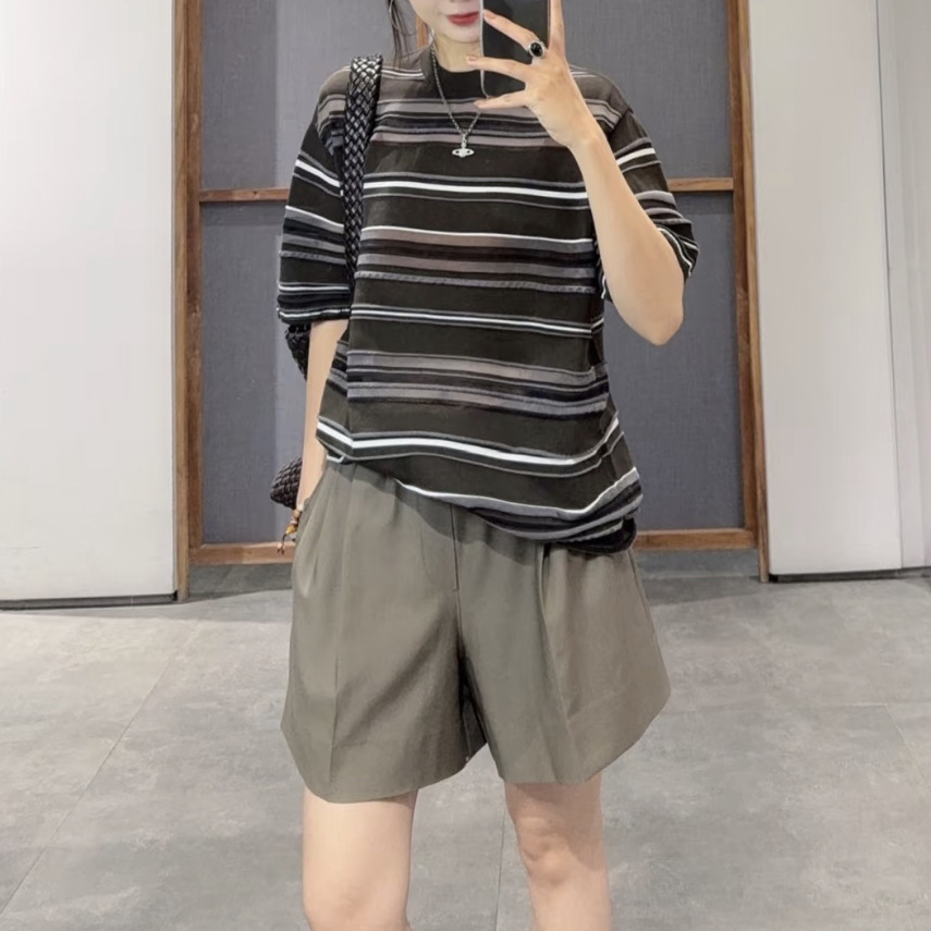 现货 江南系女装夏季甜酷宽松显瘦休闲小上衣条纹百搭圆领T恤短袖