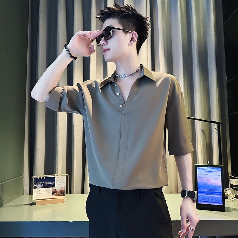 Men's Short-Sleeved Shirt Summer Trendy Brand Handsome Ice Silk V Neck T-Shirt 2025 New High-End Casual Mid-Sleeve Top
