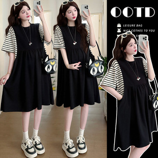 Real Shot of Ready-Made Lazy and Relaxed Stripesd Splicing T-Shirt Maternity Summer Dress