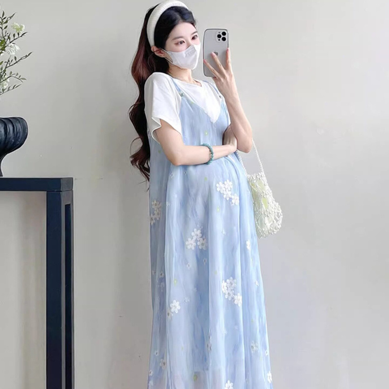 Maternity Wear 2026 Summer New Fashion Stylish Floral Long Dress for Pregnant Women, Loose Two-Piece Style Maternity Dress for Women