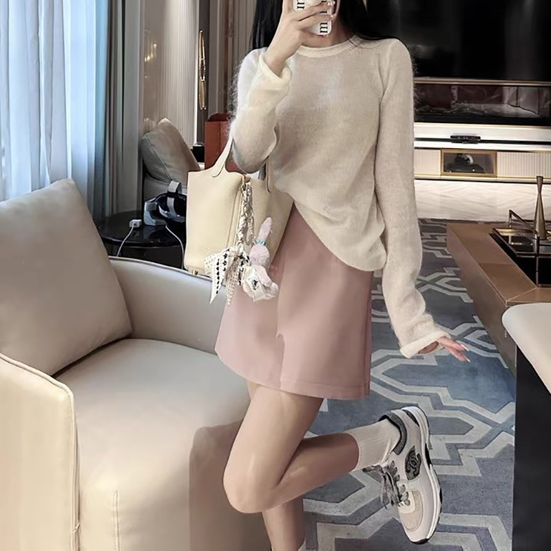 Gentle as Desire, Soft Mohair Curled Top, Round Neck Thin White Knitwear, Pure Color Versatile Base Layer Gentle as Desire, Soft Mohair Curled Top, Round Neck Thin White Knitwear, Pure Color Versatile Base Layer