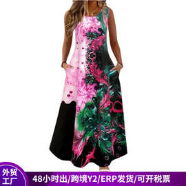 外贸圆领无袖背心连衣裙女夏长裙y2代发跨境爆款女装数码印花裙