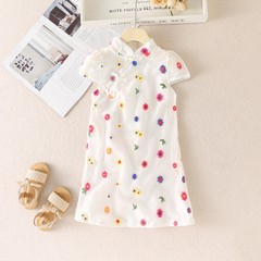 77059童裝夏季女童改良版刺繡花朵連衣裙女孩古裝旗袍兒童寶寶裙