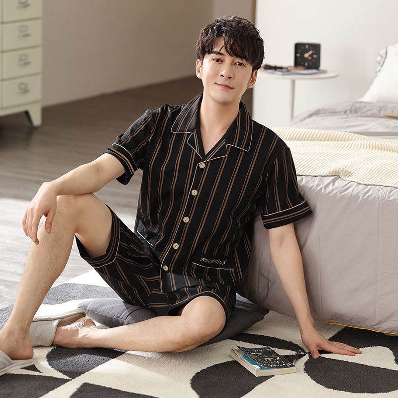 Pijamas de hombre ropa de verano 100% algodón pantalones de manga corta chaqueta juvenil traje de homewear delgado de mediana edad