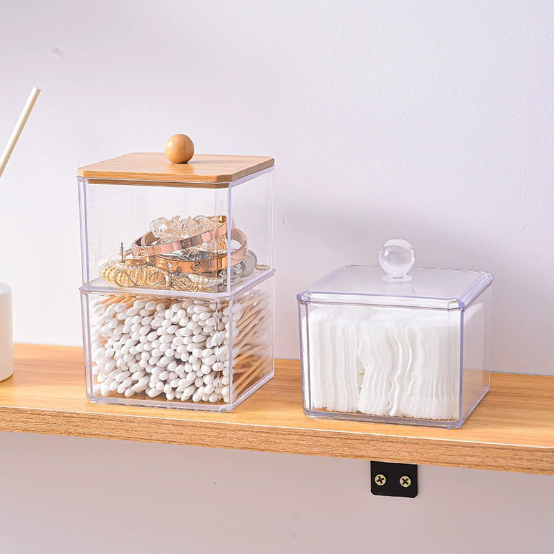 Коробка для хранения косметических ватных тампонов Штабелируемая акриловая квадратная Косметическая хлопковая Пылезащитная шкатулка с крышкой PS высокая прозрачная