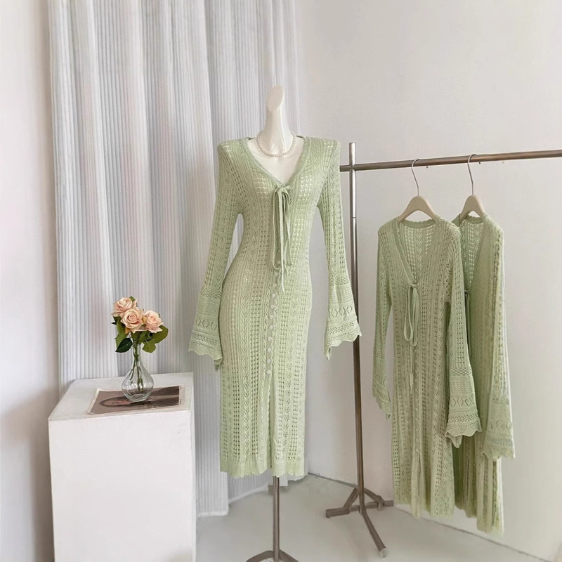 Love You Tv Star's Same Style Green V-Neck Knitwear Top Mid-Length Sun Protection Jacket Air-Conditioned Knitwear V-Neck