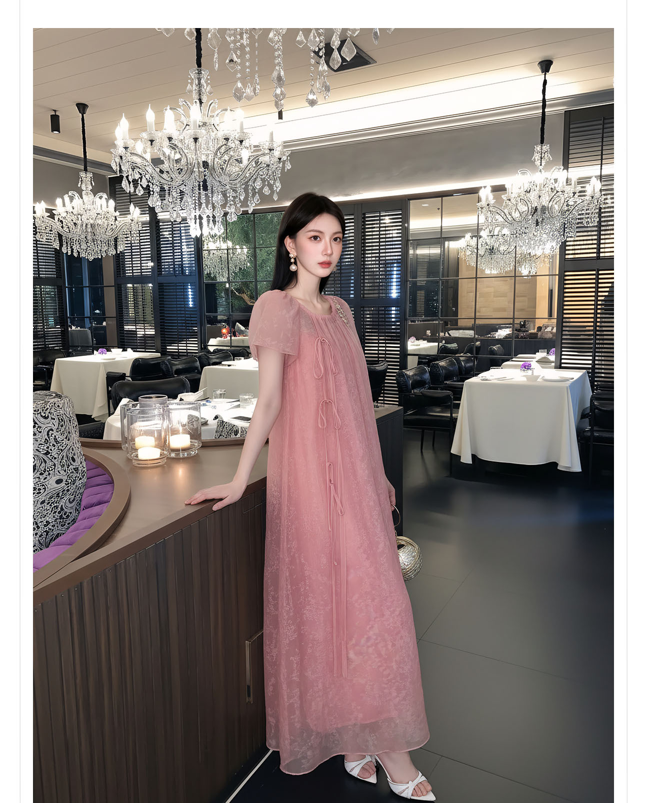 Đầm maxi nữ thắt eo phong cách Tân Trung Hoa tay ngắn — Hồng【Phiên bản tay ngắn】 chi tiết 8