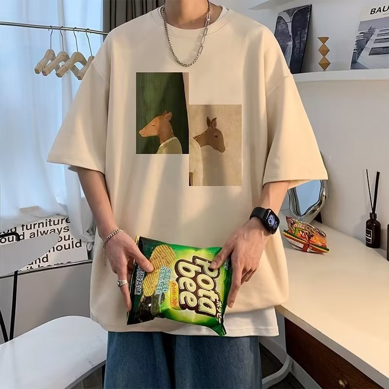 Hong Kong Style Trendy Brand Half-Sleeve Plus-Size T-Shirt for Men, Loose Fit, College Student Short-Sleeve Men's Trendy Cool Half-Sleeve Shirt