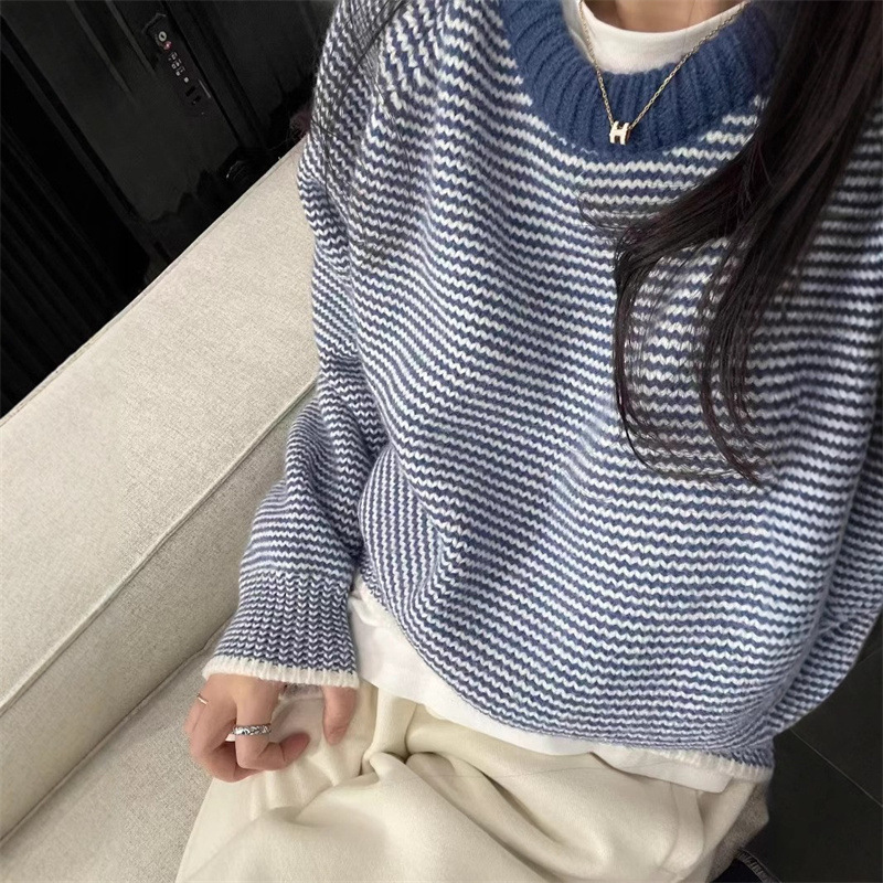 韩系冬季新款条纹圆领撞色毛衣女2025休闲减龄宽松套头针织衫上衣|undefined