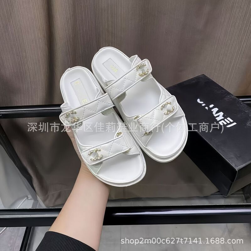 Cross-Border In-Stock Chanel-Style Velcro Slippers for Women 2025 New Model Rhombus Diamond Buckle Roman Sandals Thick-Soled Platform Women's Shoes