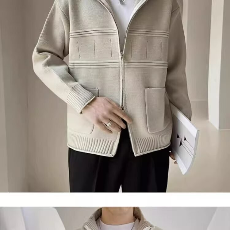 2024 Winter Cardigan Curled Sweater Men's Jacket Simple All-match Trendy Brand Set Collar Loose Sweater Men's Top