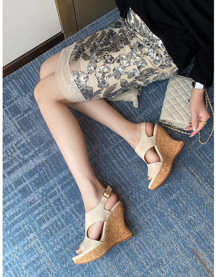 Sandal cao gót nữ da bò thật đế xuồng platform mũi hở gót siêu cao 2025 — nâu, Tím, Màu trắng nhạt chi tiết 15