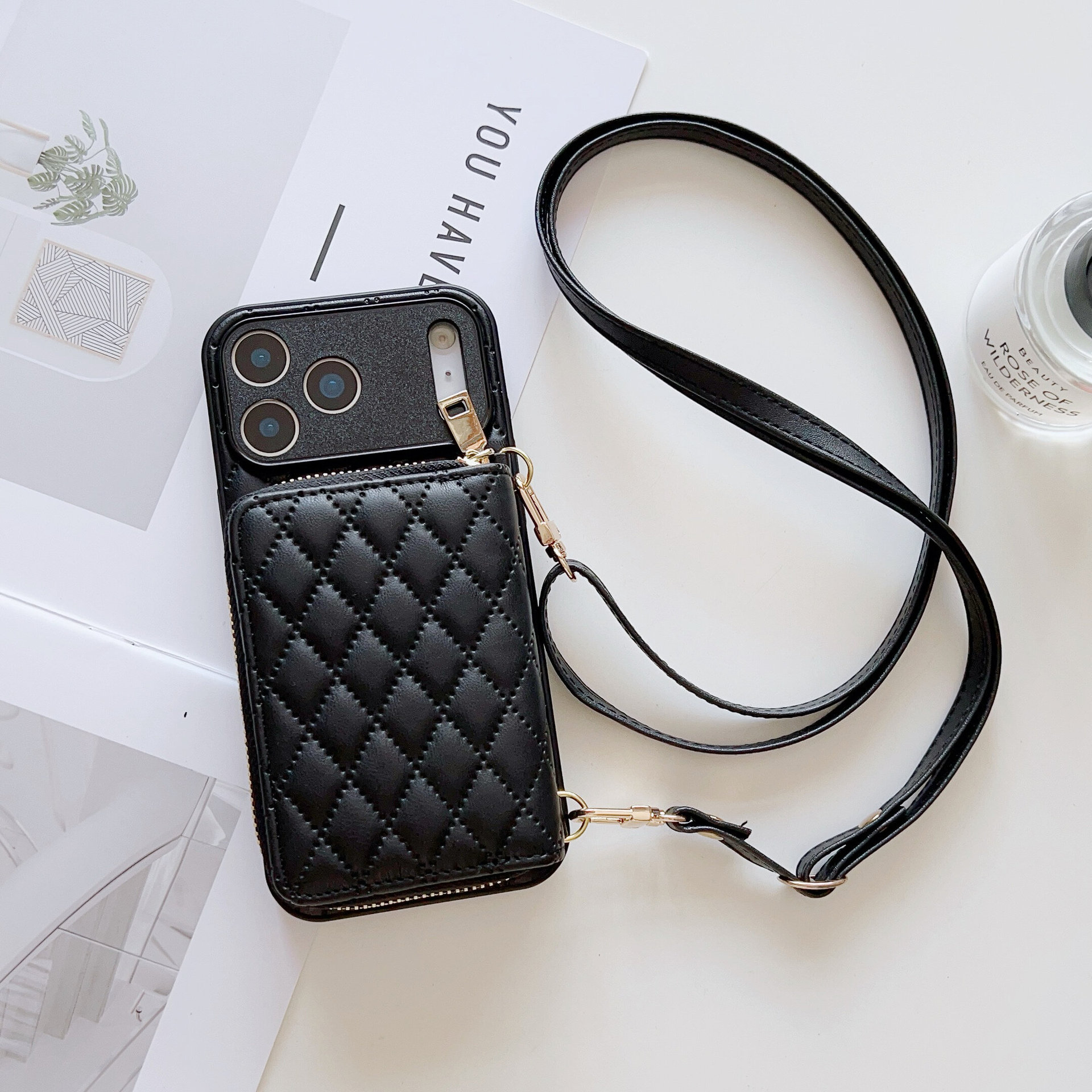 Étui à cartes zippé compatible avec iPhone 17 Pro Max et Huawei Mate 70. Bandoulière en cuir de style protecteur._voghion.com