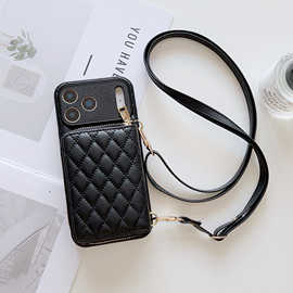 适用iPhone17ProMax拉链卡包手机壳华为Mate70小香风肩带保护皮套