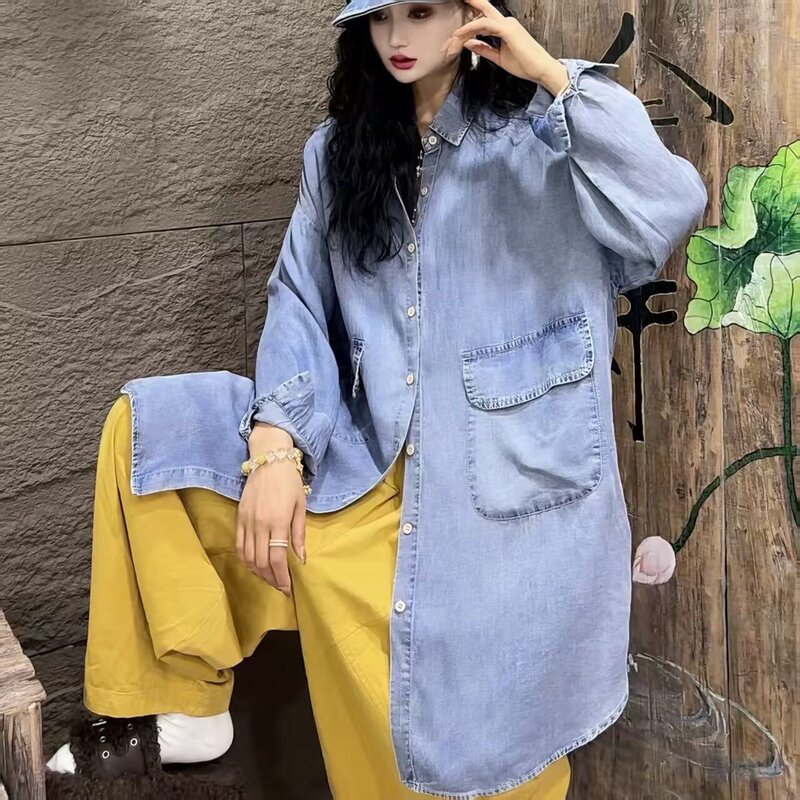 Tencel Denim Shirt 2026 Spring New Style Heavy-Duty Color-Treated Mid-Length Turn-Down Collar Solid Color Shirt for Women 6609
