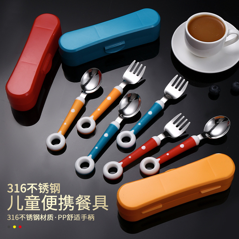 Children's complementary food fork spoon tableware 316 stainless steel cartoon baby lollipop cartoon training fork spoon Box Set