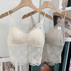新款薄款吊帶背心內搭帶胸墊蕾絲美背吊帶一體式固定杯美背背心女