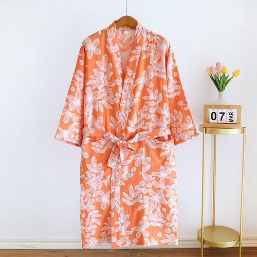 Women's pure cotton gauze nightgown, thin cotton jacquard pajamas, yukata, Japanese kimono steaming clothes, home clothes, nightgown