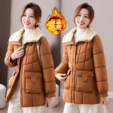 防风毛绒立领中长款羽绒棉衣女2025冬季新款翻领加厚保暖棉服外套