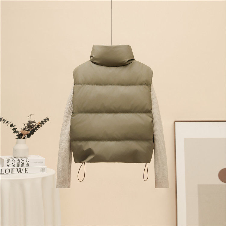 Áo khoác ngắn nữ dáng vest cổ đứng, phối túi khóa kéo ngực, giữ ấm mùa đông — Màu trắng nhạt, Xanh quân đội, màu đen, nâu chi tiết 5
