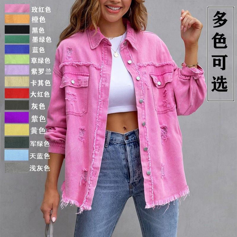 Factory Direct Sales Cross-Border New American Solid Color Mid-Length Ripped Long-Sleeved Denim Jacket European and American Style Jacket for Women