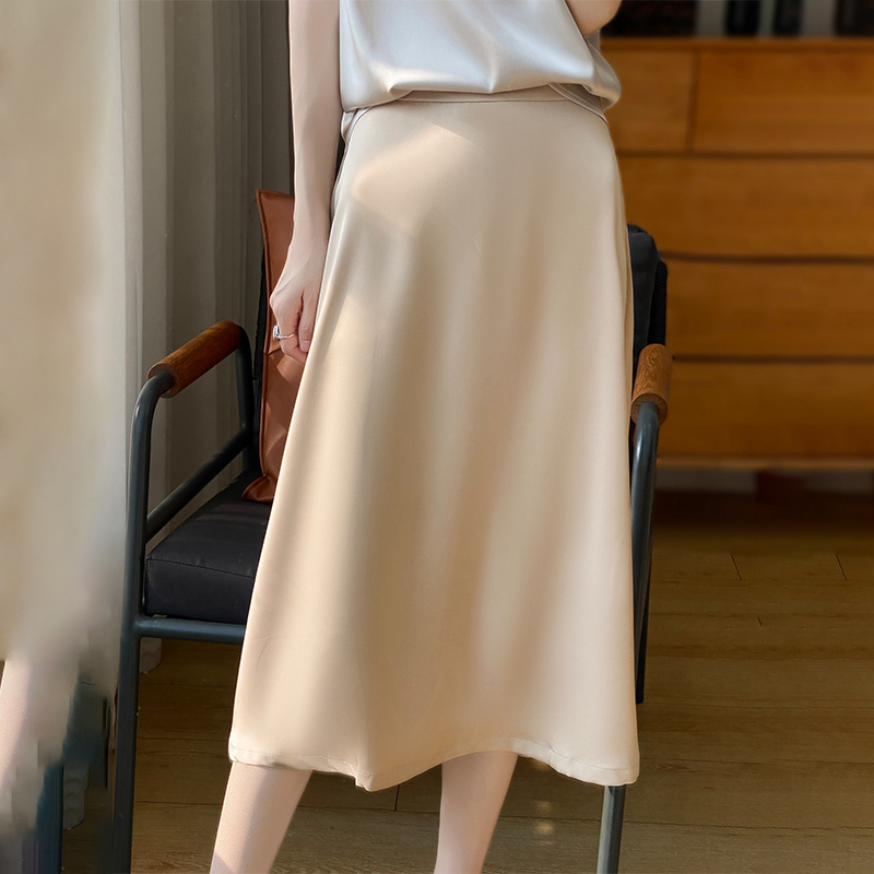Silk Satin 2025 Spring and Summer New Women's Skirt High Waist Elegant Simple All-match Solid Color Mid-length A- line Skirt