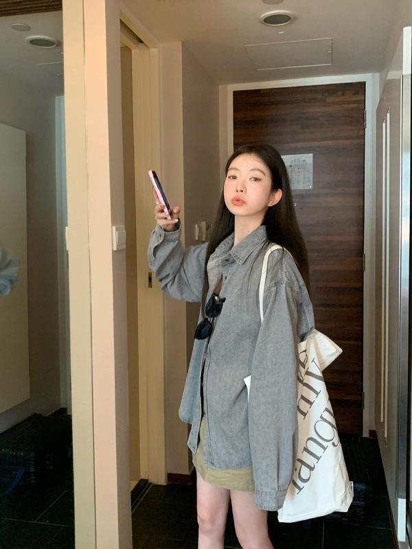 韩系复古风高级感衬衫衬衣女秋季2025新款水洗灰色松弛感牛仔上衣|undefined